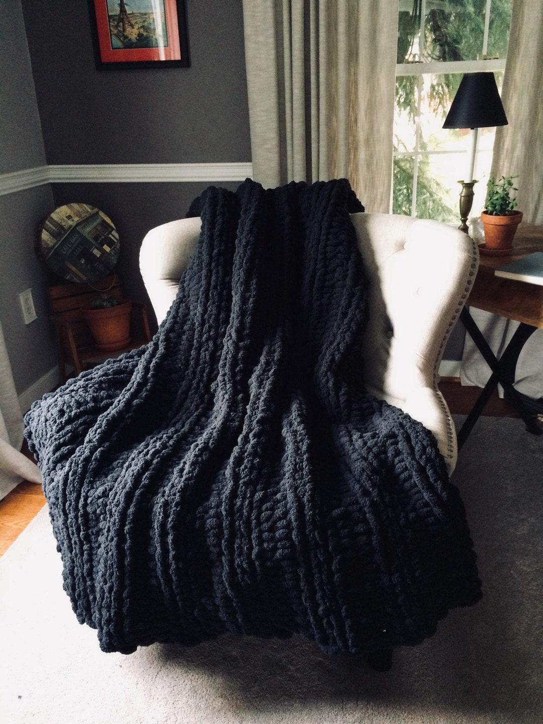 Black Chunky Knit Blanket Super Chunky Knit Throw Soft Etsy