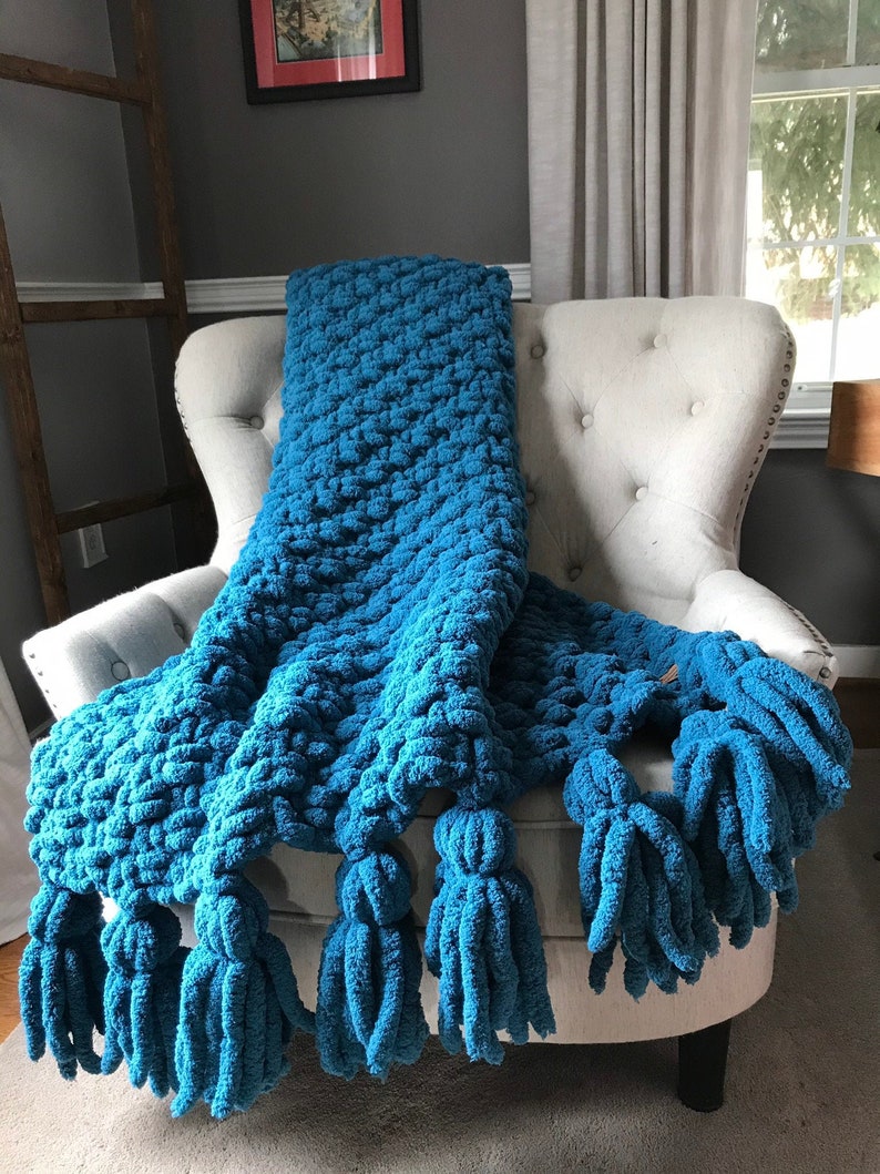 Teal Blue Blanket Tassel Blanket Chunky Knit Blanket Soft Chenille Throw Teal Knit Blanket Tassel Throw Blanket image 1