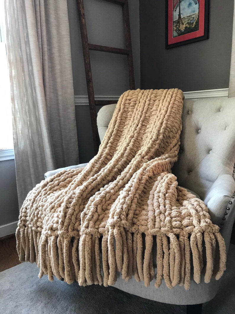 Beige Blanket Fringe Blanket Chunky Knit Blanket Soft Etsy