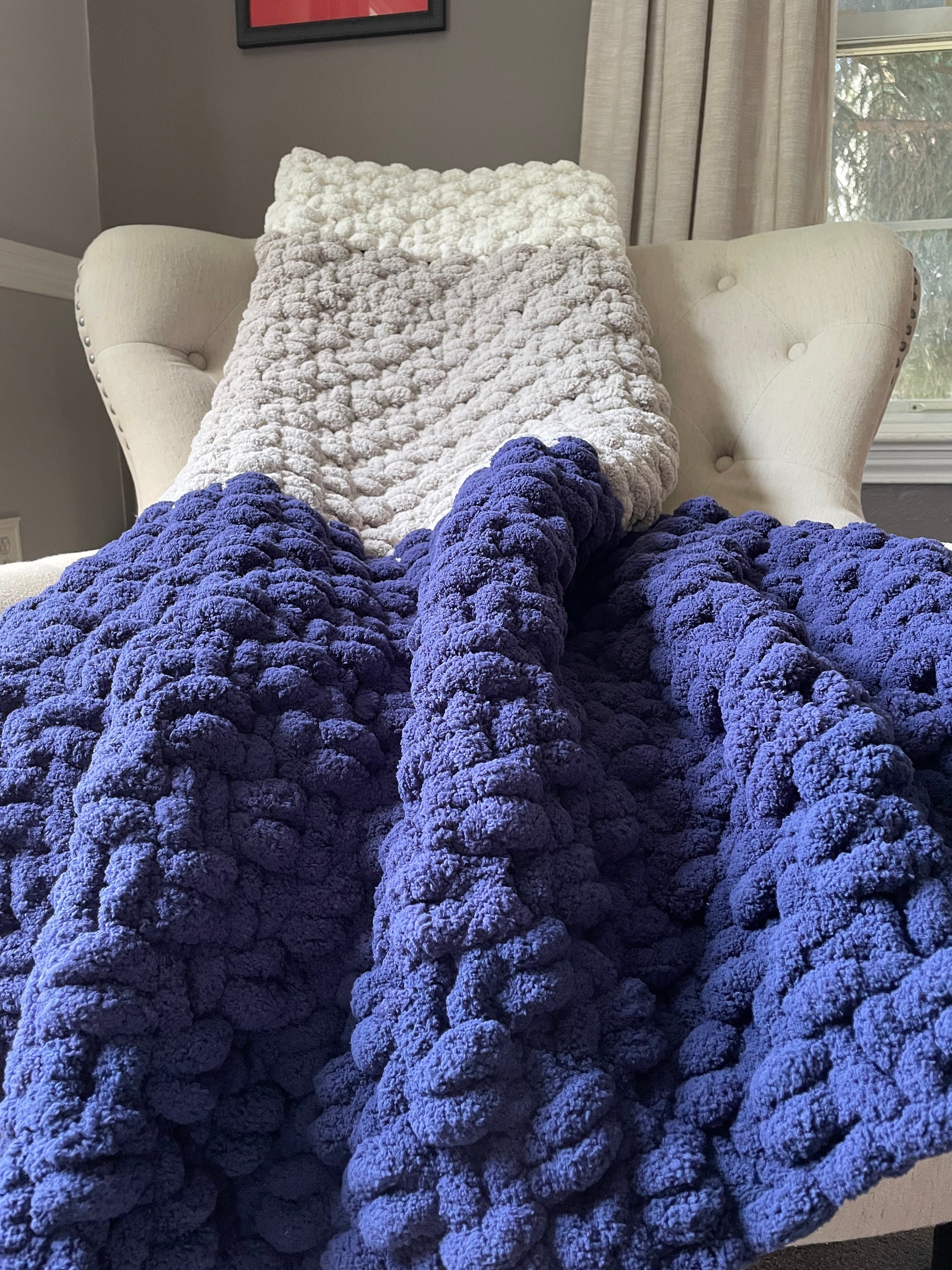 Periwinkle, Gray and Ivory Blanket  Chunky Knit Blanket – Hands On For  Homemade