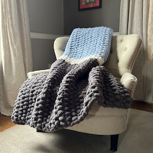 Chunky Knit Blanket - Gray and Blue Knit Blanket - Super Chunky Knit Throw - Color Block Blanket - Soft Chenille Throw Blanket