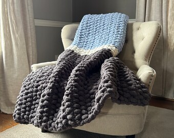 Chunky Knit Blanket - Gray and Blue Knit Blanket - Super Chunky Knit Throw - Color Block Blanket - Soft Chenille Throw Blanket