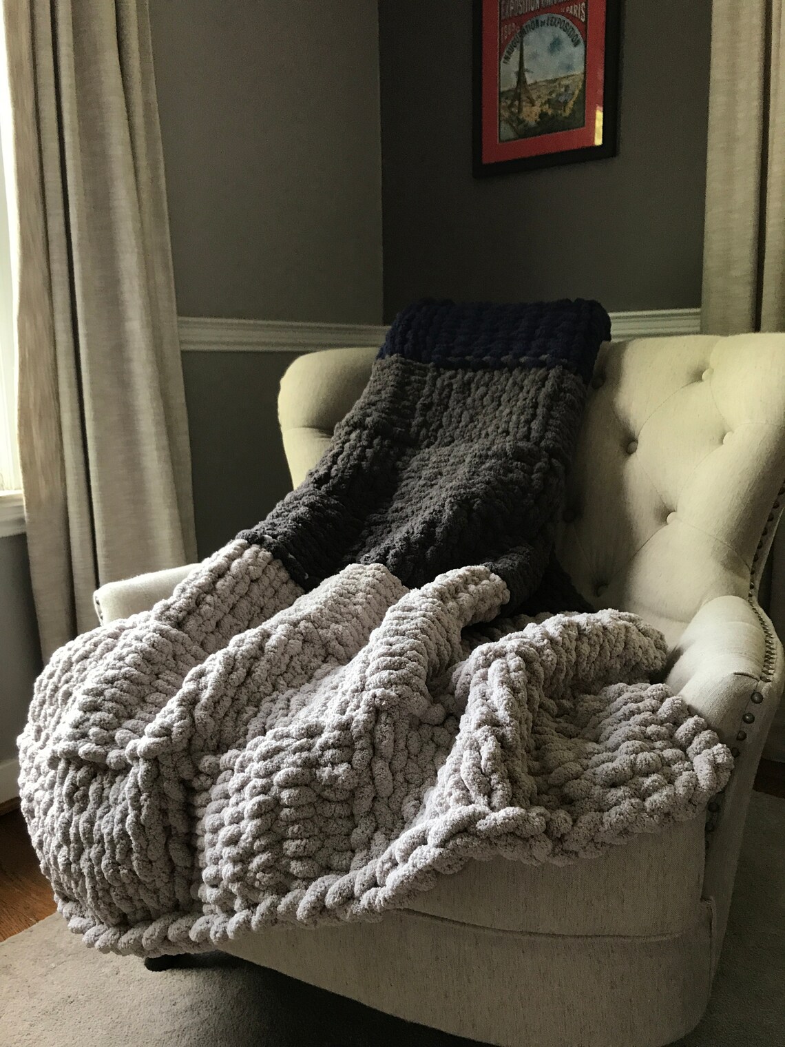 Navy and Gray Throw Chunky Knit Blanket Super Chunky Throw Etsy