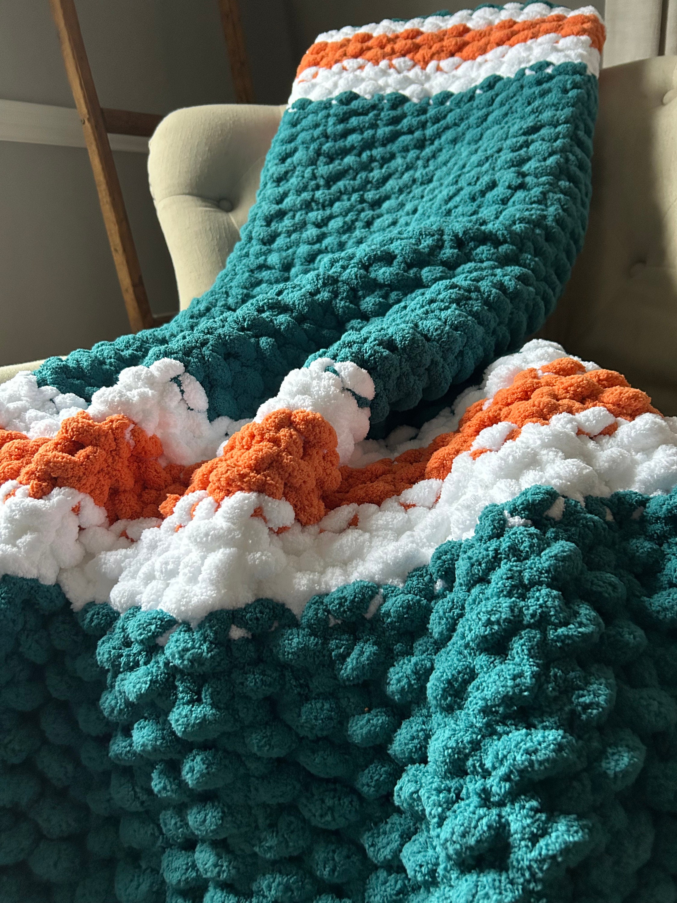 Miami Blanket - Chunky Knit Throw Blanket - Teal and Orange Knit