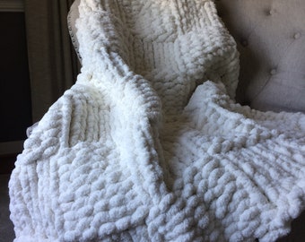 Ivory Throw Blanket - Chunky Knit Blanket - Super Chunky Knit Throw - Off White Throw Blanket - Soft Chenille Blanket - Hand Knit Throw