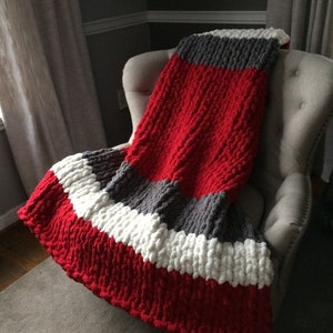 Ohio Football Blanket Chunky Knit Blanket Red and Gray Striped Throw Ohio Blanket Soft Knit Throw Chenille Blanket Cozy Throw image 1