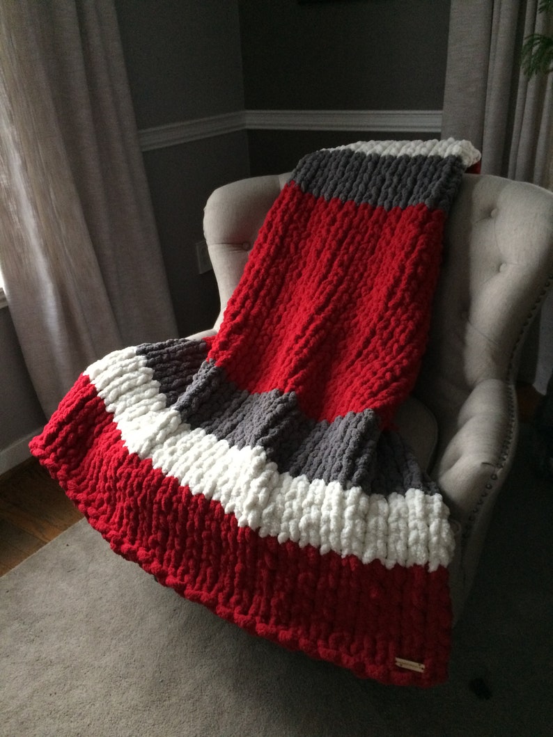 Ohio Football Blanket Chunky Knit Blanket Red and Gray Striped Throw Ohio Blanket Soft Knit Throw Chenille Blanket Cozy Throw image 1