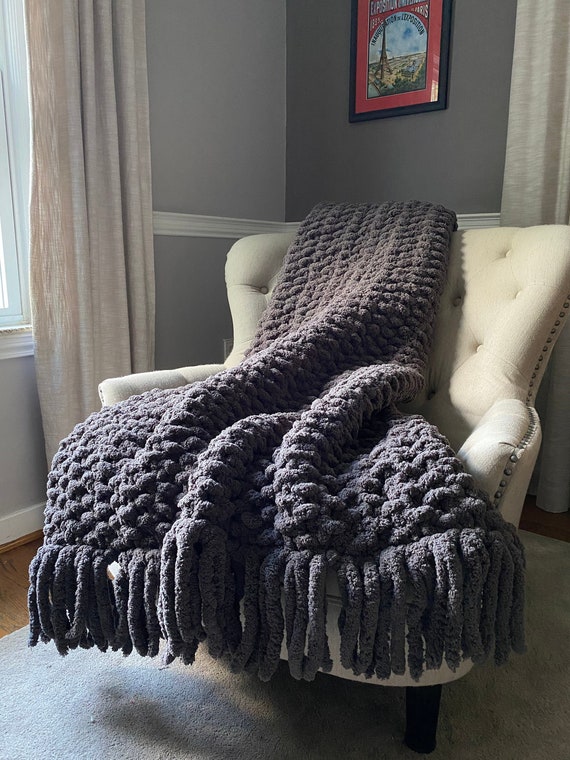 Gray Blanket Chunky Knit Blanket Chunky Fringe Blanket Dark Gray