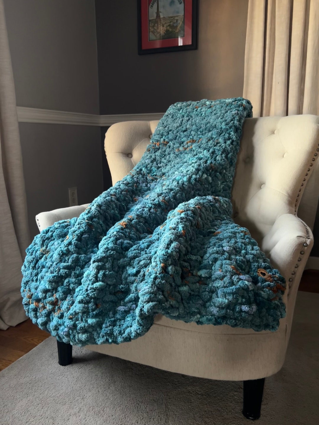 Teal Variegated Blanket Teal Chunky Knit Blanket Teal Chenille