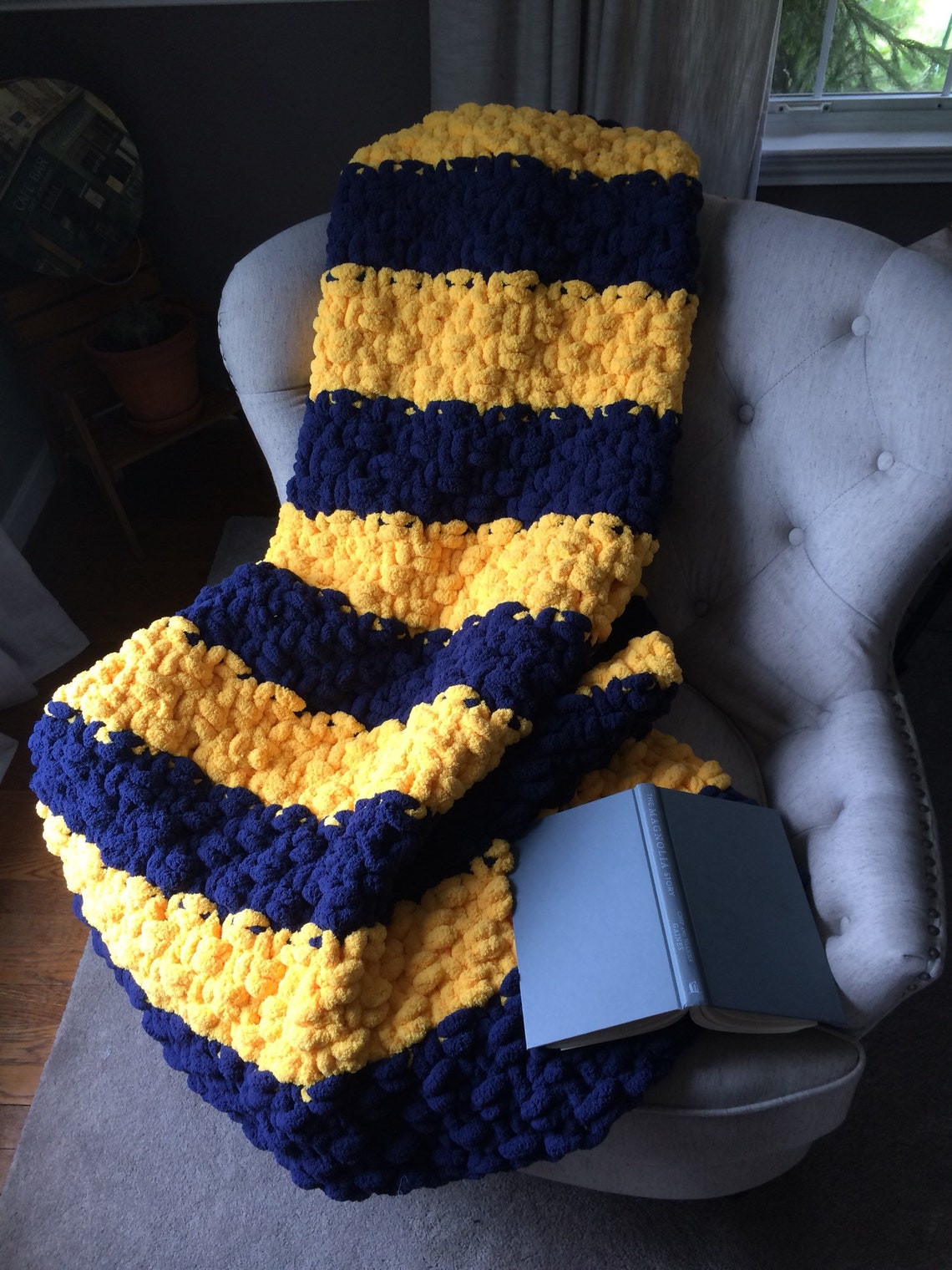 Chunky Knit Blanket Striped Blanket Navy and Yellow Throw Etsy