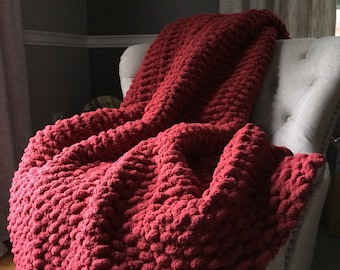 Chunky Knit Blanket - Cranberry Red Blanket - Soft Knit Throw - Chunky Chenille Blanket - Red Chunky Blanket - Burnt Red Throw - Soft Throw