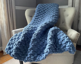 Blue Chunky Knit Blanket - Super Chunky Knit Blanket - Soft Chenille Throw Blanket - Cozy Knit Throw - Vegan Knit Throw Blanket