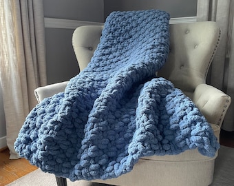 Blue Chunky Knit Blanket - Super Chunky Knit Blanket - Soft Chenille Throw Blanket - Cozy Knit Throw - Vegan Knit Throw Blanket