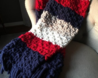 New England Blanket - Navy Blue Red Gray and Ivory Throw - Chunky Knit Fringe Blanket - Navy Blue Striped Throw - Chunky Chenille Throw