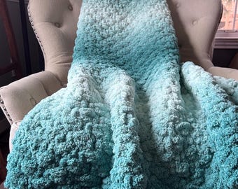 Green Ombre Throw - Ombre Knit Blanket - Custom Knit Throw Blanket - Super Chunky Chenille Throw - Cozy Hand Knit Blanket - Green Blanket