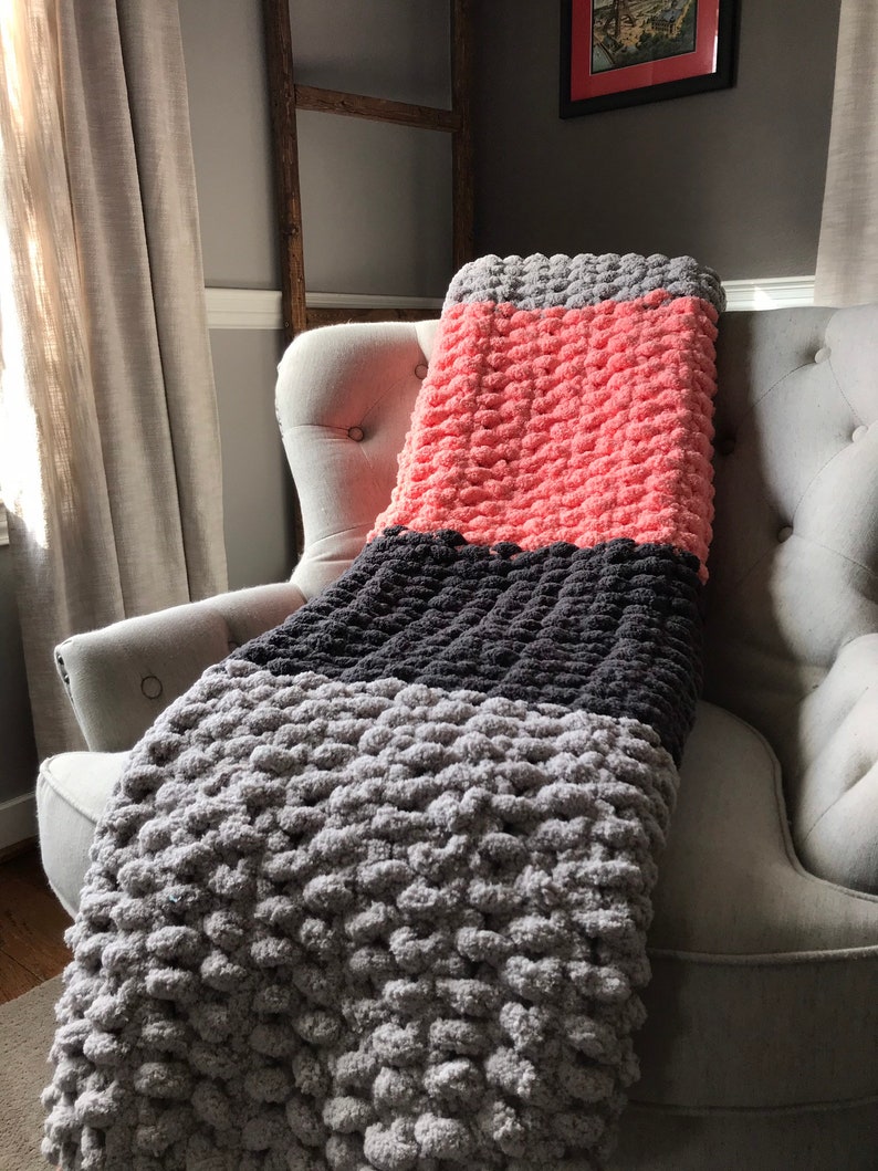 Chunky Knit Blanket Coral Throw Blanket Gray Striped Etsy