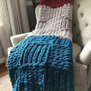 Chunky Knit Blanket Color Block Chunky Blanket Teal Blue Gray and Cranberry Throw Basketweave Chunky Knit Blanket Custom Knit Throw image 3