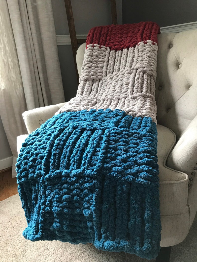 Chunky Knit Blanket Color Block Chunky Blanket Teal Blue Gray and Cranberry Throw Basketweave Chunky Knit Blanket Custom Knit Throw image 3