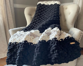 Black Striped Blanket - Chunky Knit Black Blanket - Vegas Football Blanket - Super Chunky Knit Blanket - Soft Knit Throw Blanket