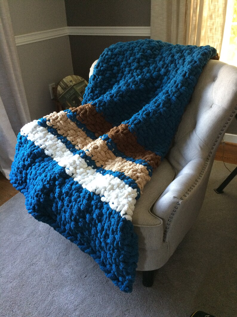 Oversized Handknit Afghan Chunky Knit Teal Striped Blanket Vegan Chenille Soft Cozy Jumbo Throw