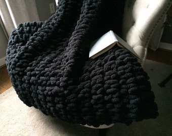 Black Chunky Knit Blanket - Thick Knit Blanket - Weighted Feel Blanket - Super Chunky Black Throw Blanket - Heavy Knitted Bed Blanket