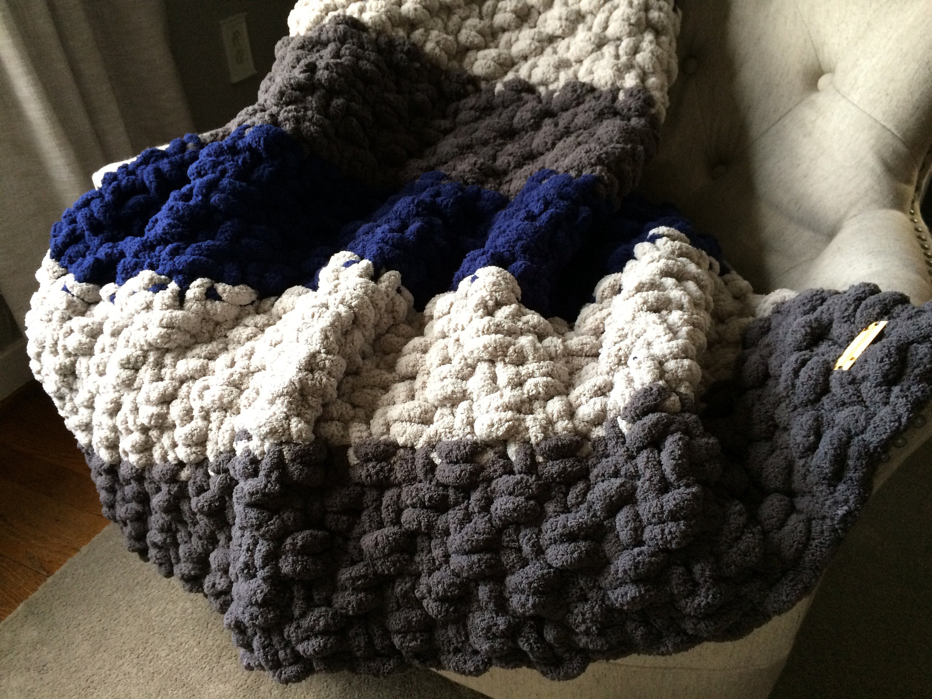 NKNIT♡pattern KNIT 0(GRAY/NAVY） Chunky Blanket Pattern - Knitting Throw Pattern - Extreme Knitting