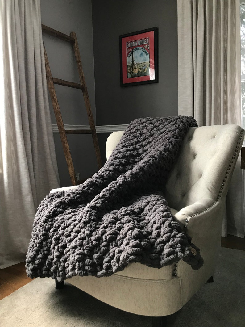 Gray Blanket Chunky Knit Blanket Chenille Blanket Knit Etsy