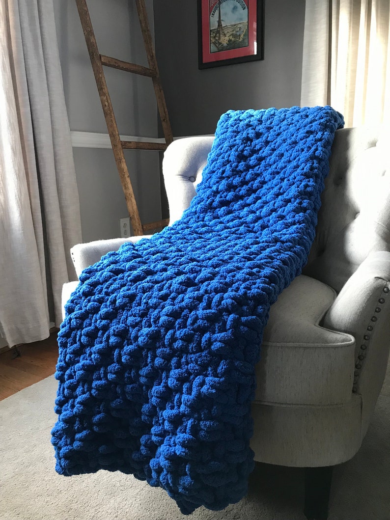 Royal Blue Knit Throw Chunky Knit Blue Blanket Vegan Etsy