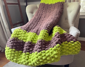 Lime Green and Brown Knit Throw - Chunky Knit Blanket - Super Chunky Throw - Green and Brown Blanket - Hand Knit Chenille Throw