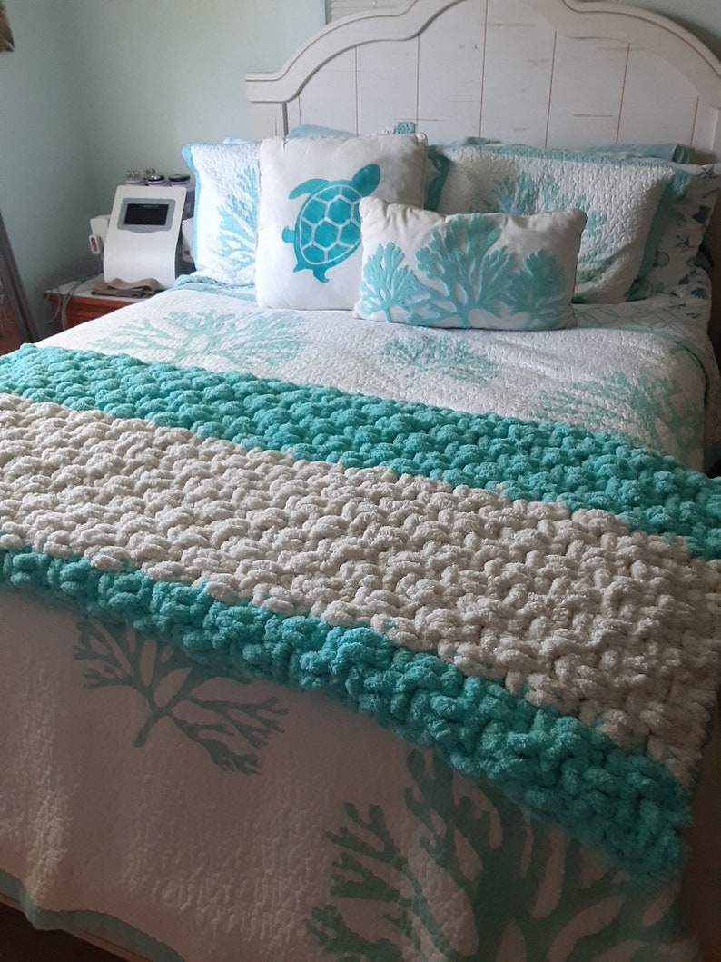 Aqua Knit Throw Blanket Chunky Knit Blanket Soft Blue Knit Etsy