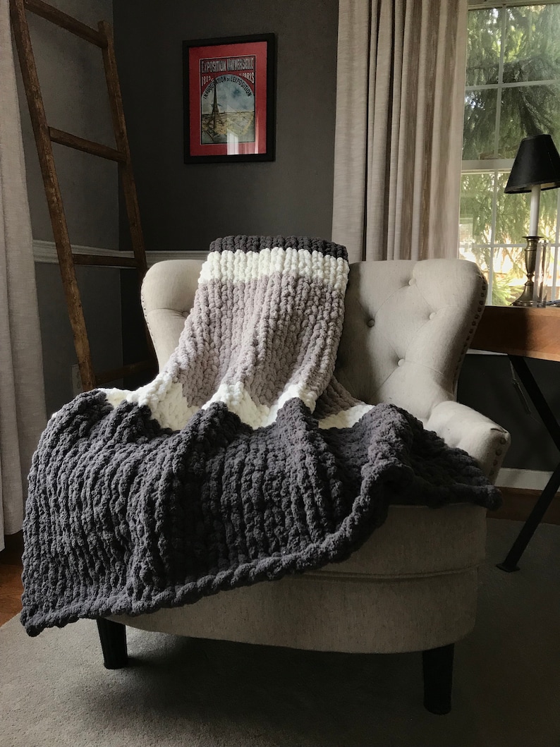Chunky Knit Blanket Striped Blanket Neutral Blanket Gray Etsy