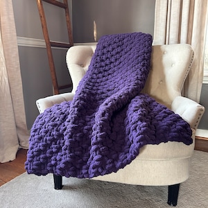 Purple Blanket - Chunky Knit Purple Blanket - Super Chunky Blanket - Purple Knit Blanket - Cozy Chunky Knit Throw - Dark Purple Knit Throw