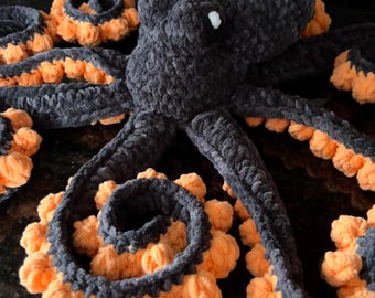 Ready To Ship Octopus Toy - Oversized Black and Orange Octopus Plush - Custom Crochet Octopus - Black and Orange Octopus Amigurumi