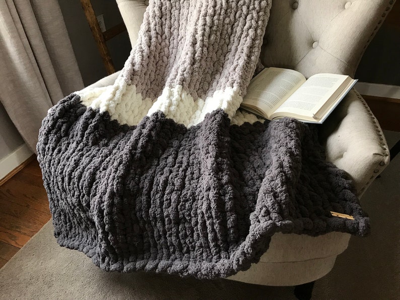 Chunky Knit Blanket Striped Blanket Neutral Blanket Gray Etsy