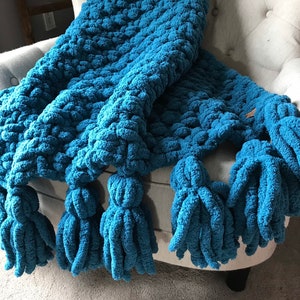 Teal Blue Blanket Tassel Blanket Chunky Knit Blanket Soft Chenille Throw Teal Knit Blanket Tassel Throw Blanket image 2