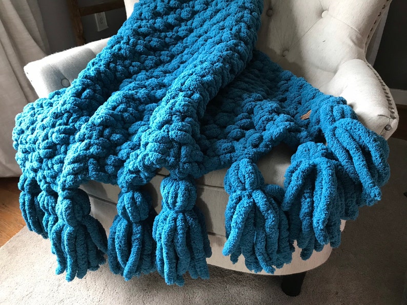 Teal Blue Blanket Tassel Blanket Chunky Knit Blanket Soft Chenille Throw Teal Knit Blanket Tassel Throw Blanket image 2