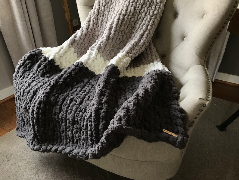 Chunky Knit Blanket Striped Blanket Neutral Blanket Gray Etsy