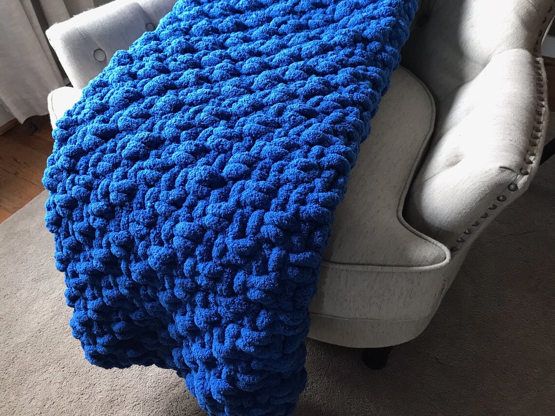 Royal Blue Knit Throw Chunky Knit Blue Blanket Vegan Etsy