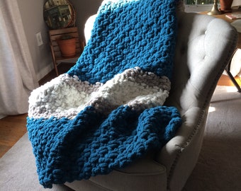 Teal Blue Striped Blanket - Chunky Knit Striped Throw - Super Chunky Chenille Blanket - Soft Warm Knit Blanket - Vegan Knit Throw Blanket