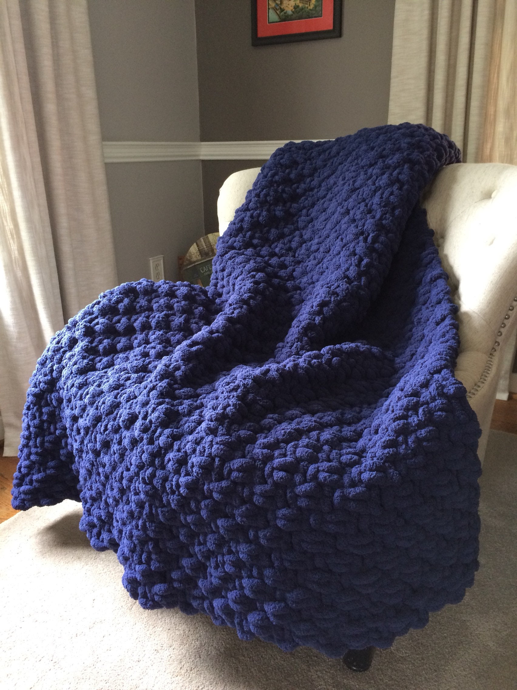 Navy Blue Blanket Chunky Knit Blanket Soft Knit Throw Etsy