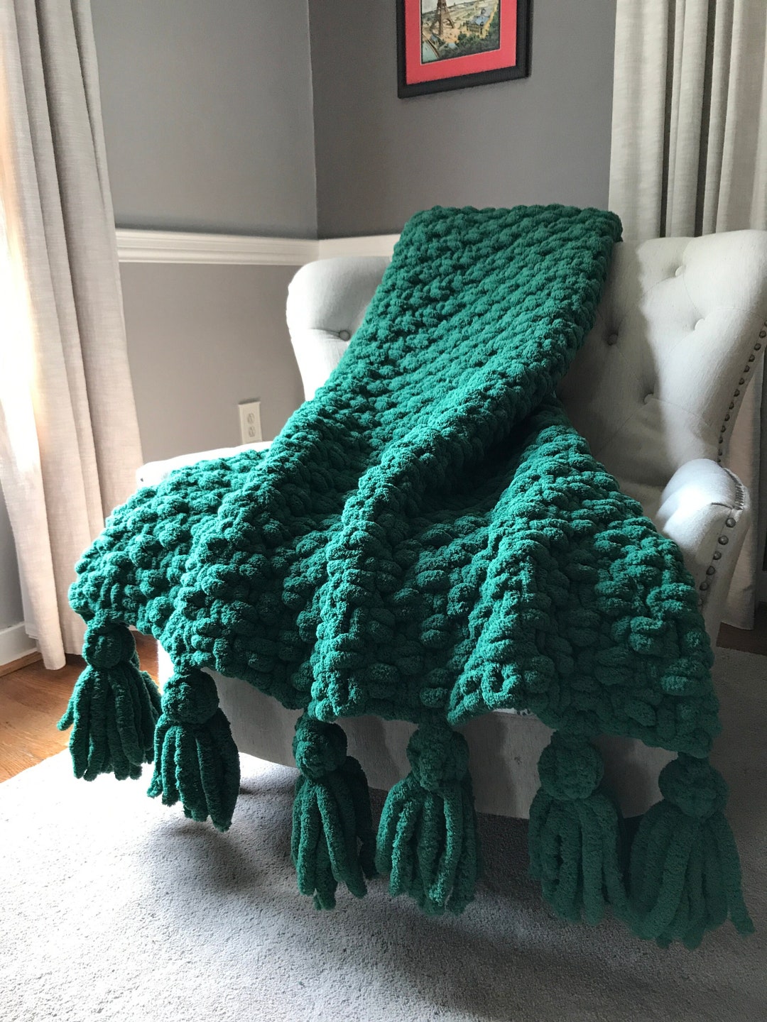 Forest Green Blanket Chunky Knit Blanket Green Tassel Blanket Green