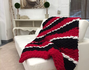 Crocheted Lap Blanket afghan Red Black White and Gray Striped Etsy