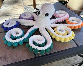 Rainbow Octopus Plush - Pride Octopus Stuffie - Custom Oversized Octopus Decor - White and Rainbow Crochet Plush - Rainbow Pride Decor