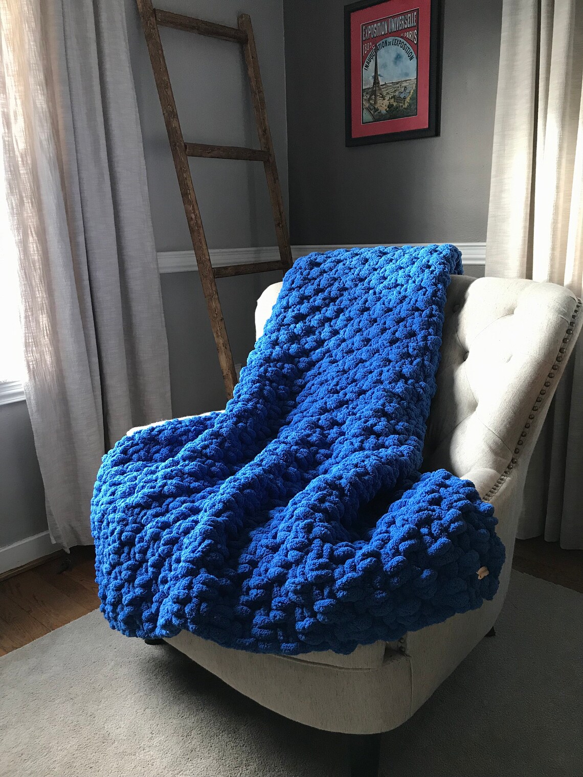 Royal Blue Knit Throw Chunky Knit Blue Blanket Vegan Etsy