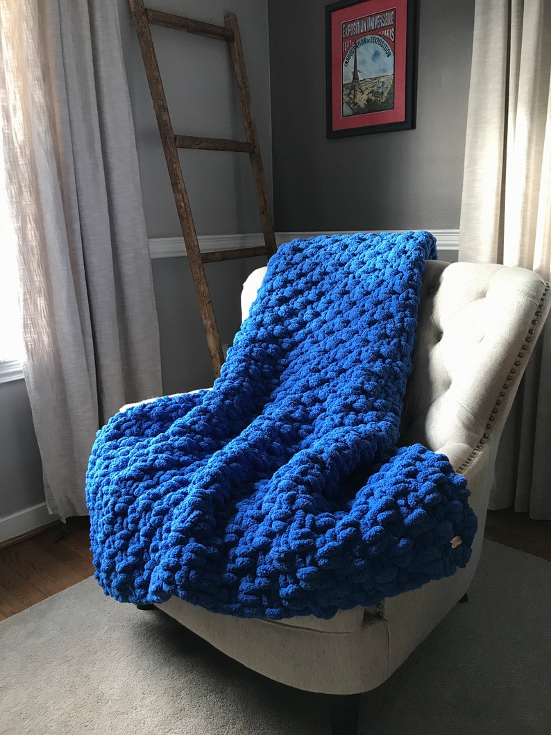Royal Blue Chunky Knit Blanket Soft Cozy Vegan Chenille Throw Custom University of Kentucky Dorm Decor