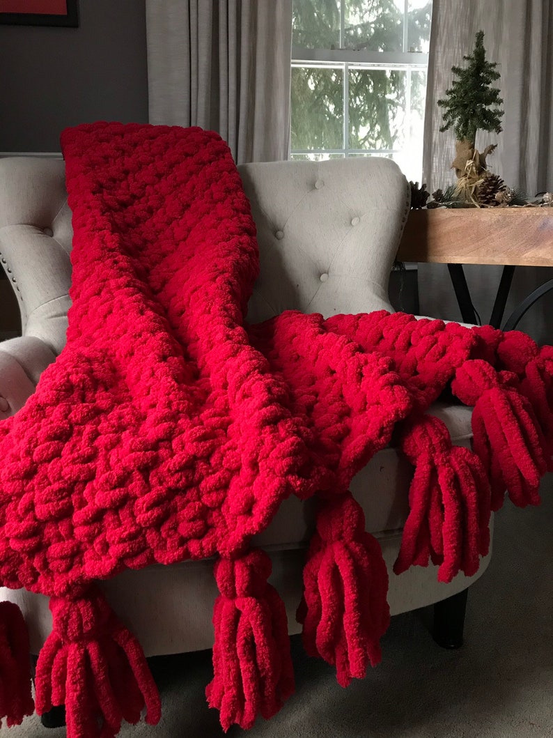 Red Tassel Blanket Chunky Knit Blanket. Decorative Knit Etsy