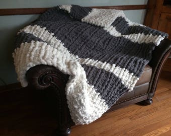 Gray and Ivory Blanket - Super Chunky Blanket - Striped Blanket - Chunky Knit Blanket - Neutral Knit Blanket - Warm Throw - Chenille Throw