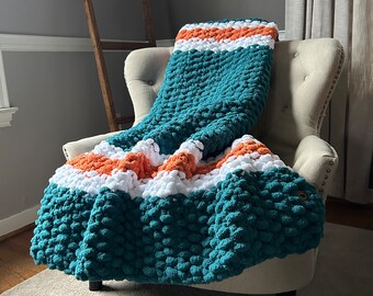 Miami Blanket - Chunky Knit Throw Blanket - Teal and Orange Knit Throw - Miami Knit Throw - Super Chunky Miami Blanket - Soft Knit Throw