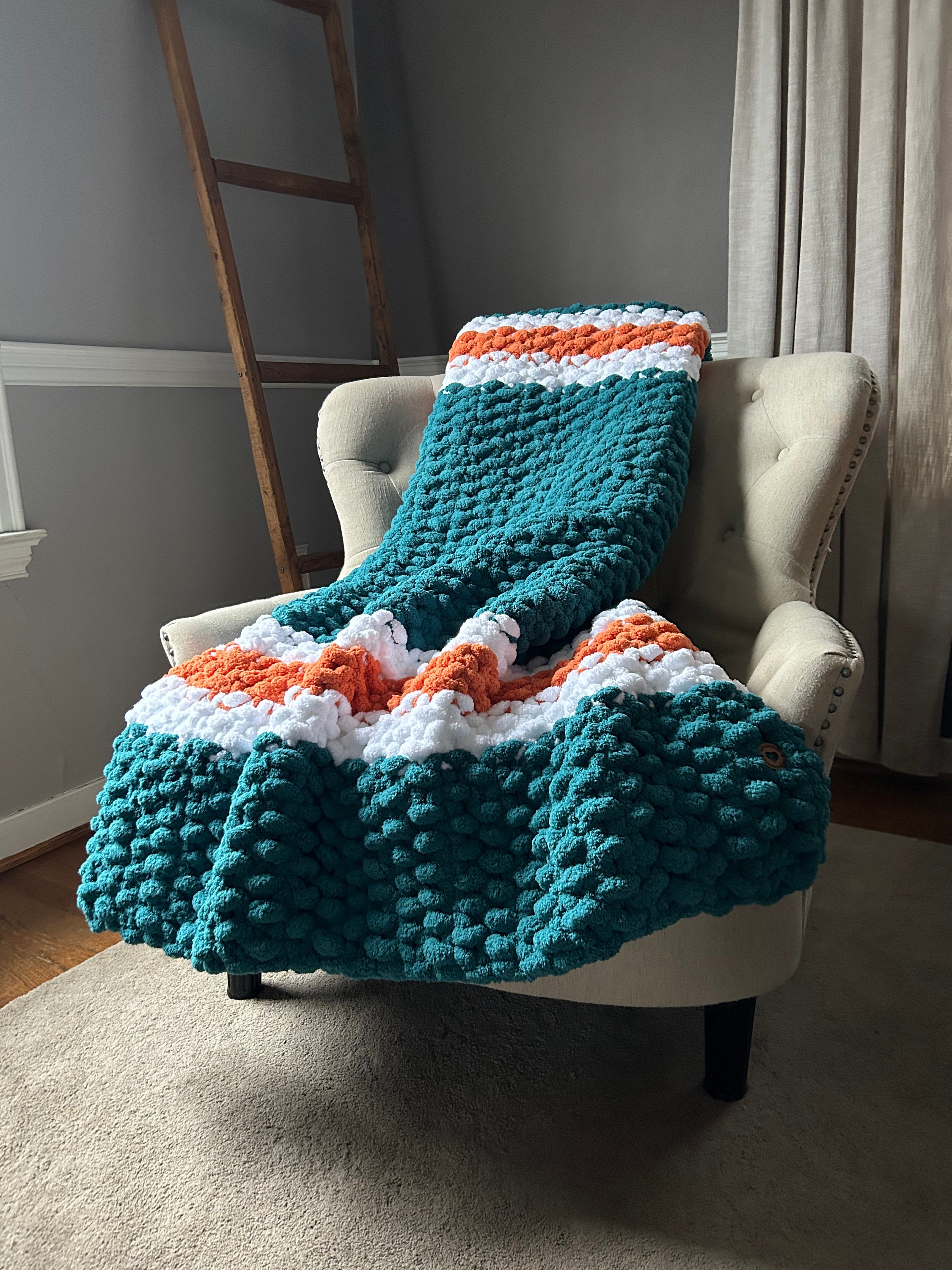 Miami Blanket - Chunky Knit Throw Blanket - Teal and Orange Knit