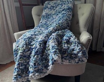 Blue Variegated Throw - Chunky Knit Chenille Blanket - Blue and Green Knit Blanket - Super Soft Throw Blanket - Cozy Blue Afghan